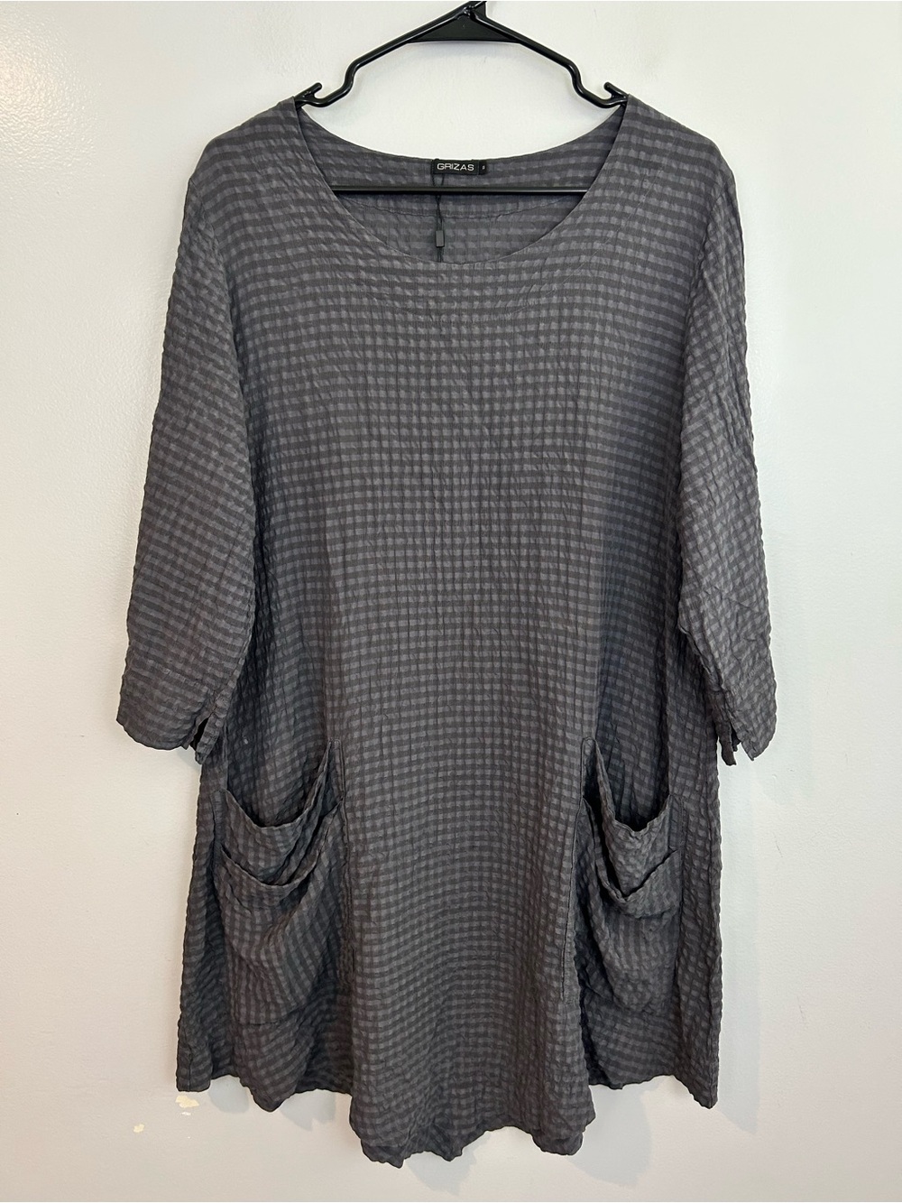 Grizas Grey Check 3/4 Sleeve Lagenlook Silk Blend Shift Mini Dress Small